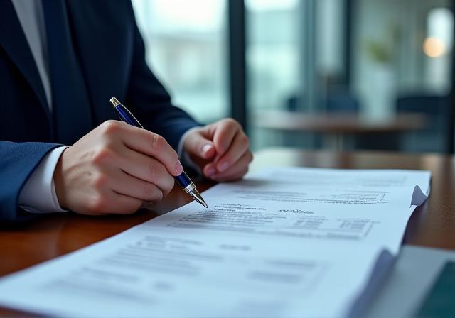 Legal professional reviewing documents in a modern office